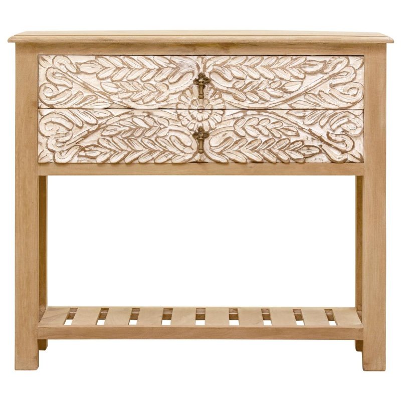 Hand - Carved Leaf French Nightstand in Natural and White Color Wooden Nightstand - Bone Inlay Furnitures
