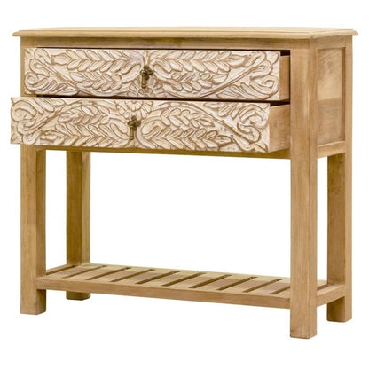 Hand - Carved Leaf French Nightstand in Natural and White Color Wooden Nightstand - Bone Inlay Furnitures