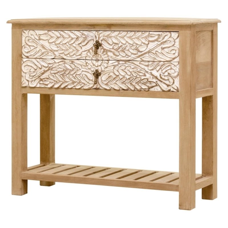Hand - Carved Leaf French Nightstand in Natural and White Color Wooden Nightstand - Bone Inlay Furnitures