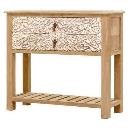 Hand - Carved Leaf French Nightstand in Natural and White Color Wooden Nightstand - Bone Inlay Furnitures