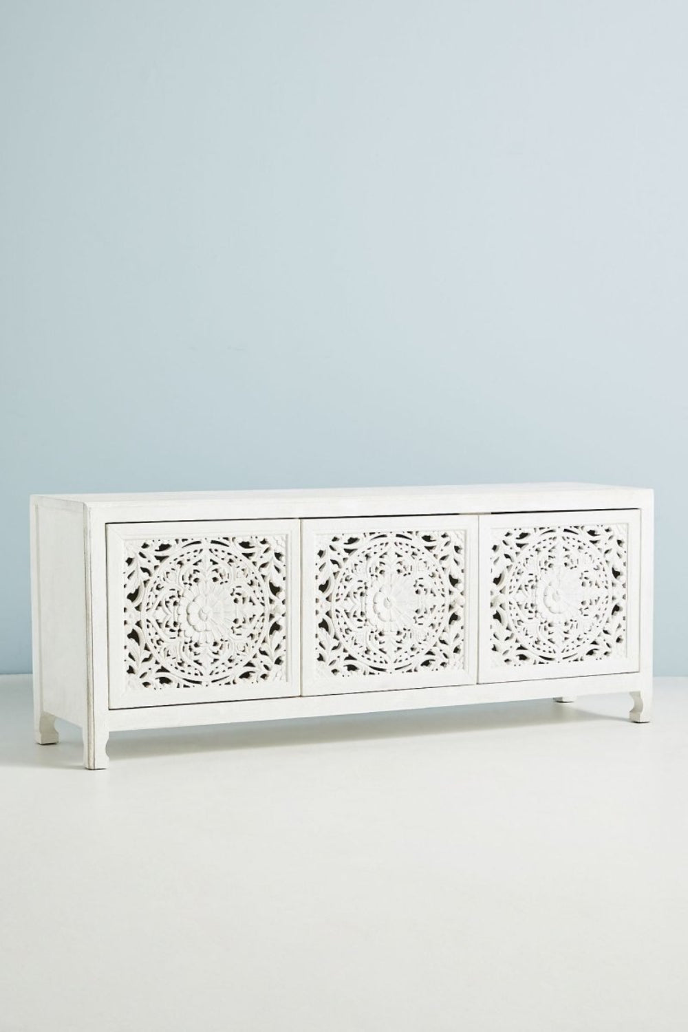 Hand Carved Lombok Media Console White Color | Handmade Wooden Entertainment Unit Media Console - Bone Inlay Furniture