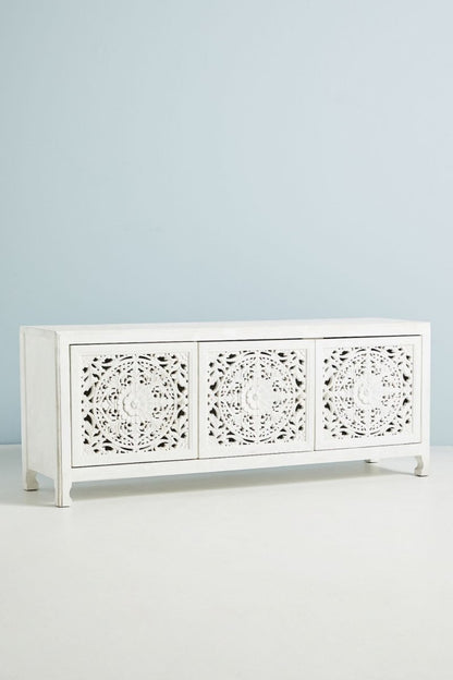 Hand Carved Lombok Media Console White Color | Handmade Wooden Entertainment Unit Media Console - Bone Inlay Furniture