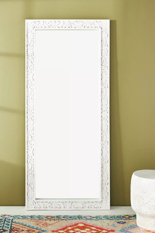 Lombok Hand-Carved Wall Mirror | White-Washed Wood – Bone Inlay