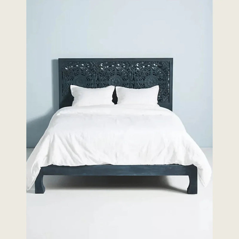 Hand Carved Low Lombok Bed Indian Wooden Bed Design Beds & Bed Frames - Bone Inlay Furnitures