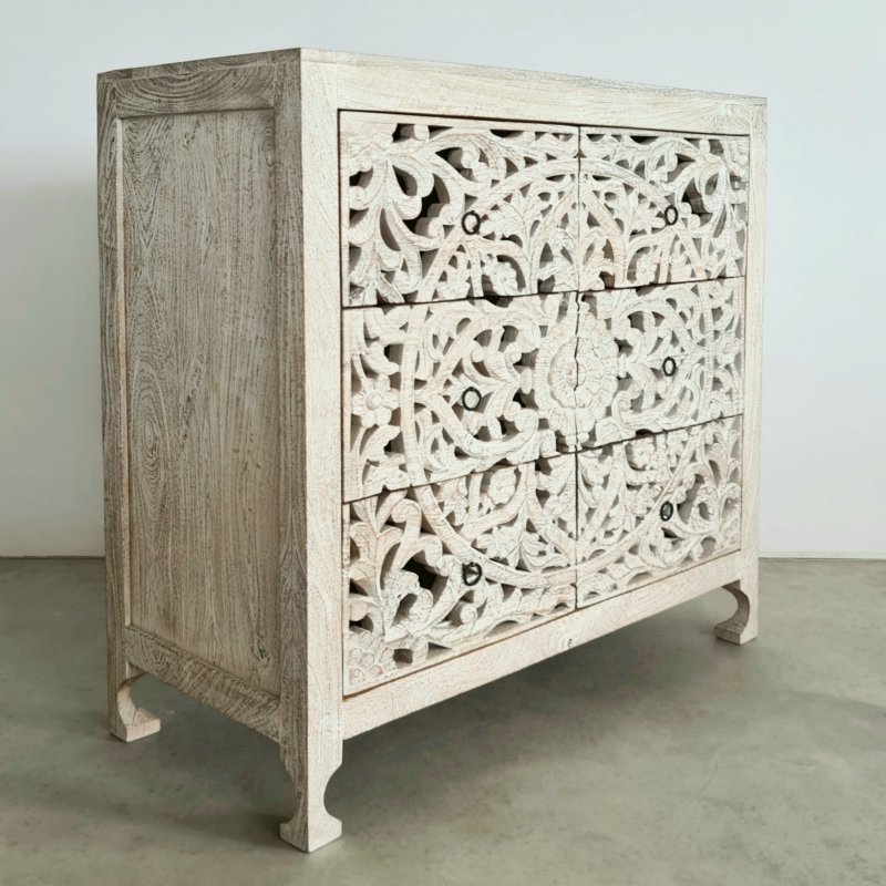 Hand Carved Mandala 6 Drawer Dresser in Whitewash Drawer Dresser - Bone Inlay Furnitures