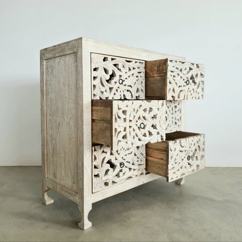 Hand Carved Mandala 6 Drawer Dresser in Whitewash Drawer Dresser - Bone Inlay Furnitures