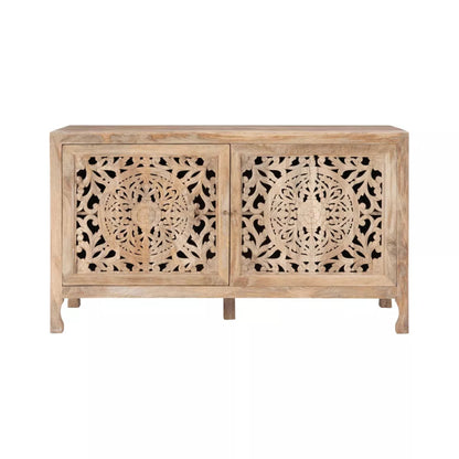 Hand - Carved Mandala - inspired Botanical patterns Media Console | Media Console - Bone Inlay Furnitures