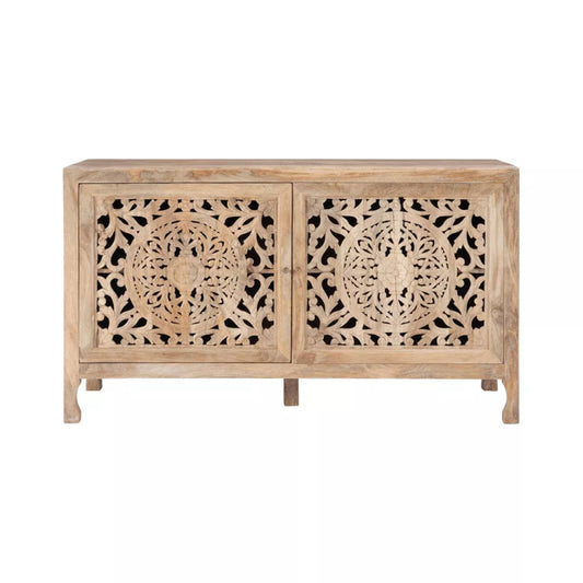 Hand - Carved Mandala - inspired Botanical patterns Media Console | Media Console - Bone Inlay Furnitures