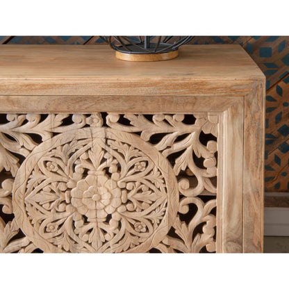 Hand - Carved Mandala - inspired Botanical patterns Media Console | Media Console - Bone Inlay Furnitures