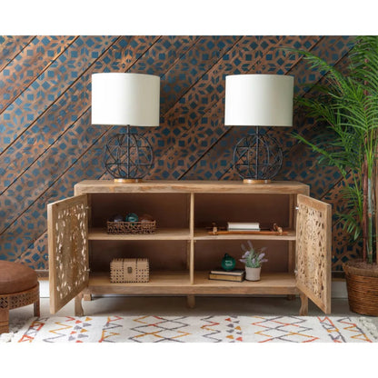 Hand - Carved Mandala - inspired Botanical patterns Media Console | Media Console - Bone Inlay Furnitures