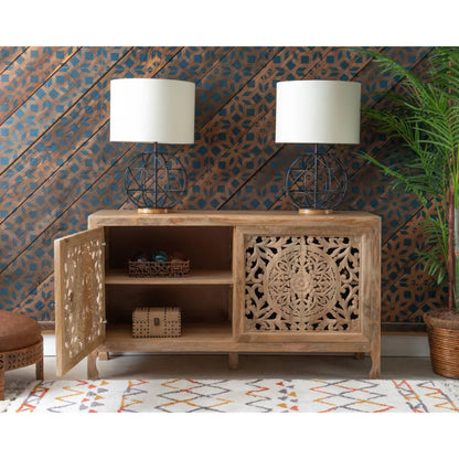 Hand - Carved Mandala - inspired Botanical patterns Media Console | Media Console - Bone Inlay Furnitures