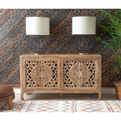 Hand - Carved Mandala - inspired Botanical patterns Media Console | Media Console - Bone Inlay Furnitures