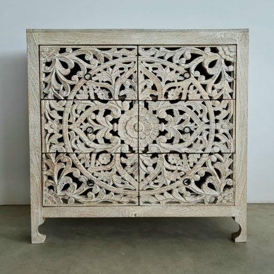 Hand Carved Mandala Six-Drawer Dresser in Whitewash Cabinet - Bone Inlay Furnitures