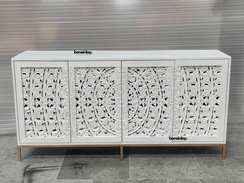 Hand - Carved Mandala Wooden Media Unit Four Door Credenza Buffet & Sideboard - Bone Inlay Furnitures