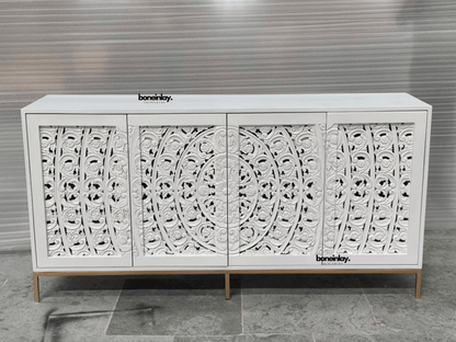 Hand - Carved Mandala Wooden Media Unit Four Door Credenza Buffet & Sideboard - Bone Inlay Furnitures