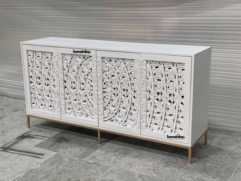 Hand - Carved Mandala Wooden Media Unit Four Door Credenza Buffet & Sideboard - Bone Inlay Furnitures