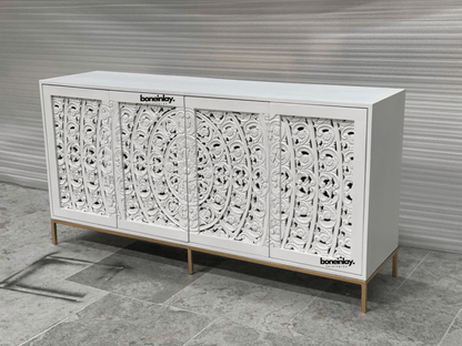Hand - Carved Mandala Wooden Media Unit Four Door Credenza Buffet & Sideboard - Bone Inlay Furnitures