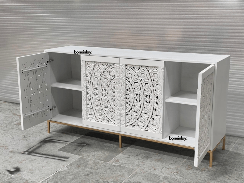 Hand - Carved Mandala Wooden Media Unit Four Door Credenza Buffet & Sideboard - Bone Inlay Furnitures