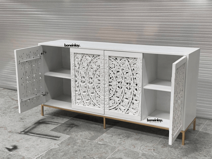 Hand - Carved Mandala Wooden Media Unit Four Door Credenza Buffet & Sideboard - Bone Inlay Furnitures
