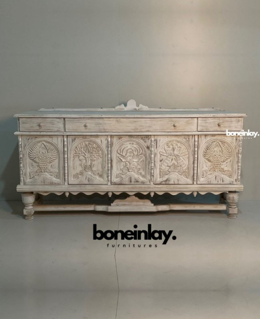 Distressed White Wildlife Carved Menagerie Buffet Table with Drawers