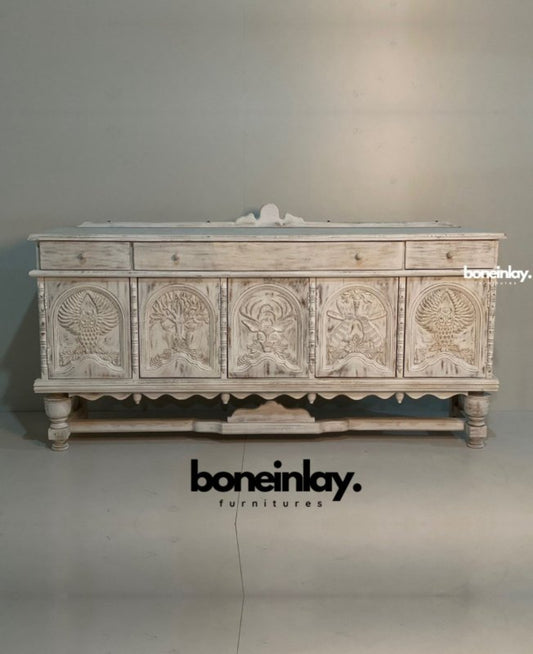 Distressed White Wildlife Carved Menagerie Buffet Table with Drawers