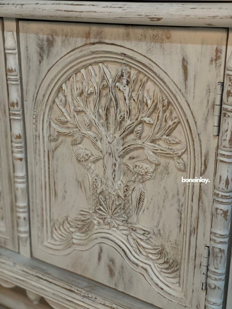 Distressed White Wildlife Carved Menagerie Buffet