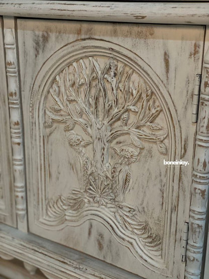 Distressed White Wildlife Carved Menagerie Buffet