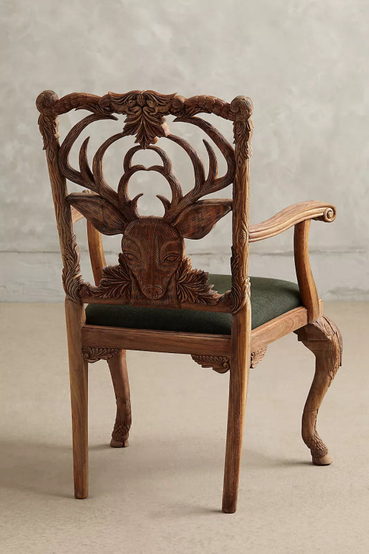 Hand Carved Menagerie Deer Armchair | Handmade Wooden Dining Chair Dining Chair - Bone Inlay Furnitures