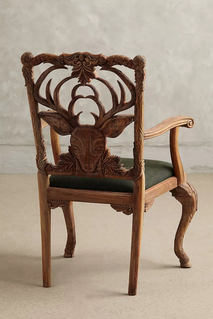 Hand Carved Menagerie Deer Armchair | Handmade Wooden Dining Chair Dining Chair - Bone Inlay Furnitures