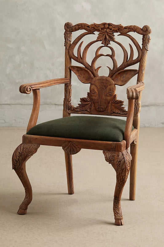 Hand Carved Menagerie Deer Armchair | Handmade Wooden Dining Chair Dining Chair - Bone Inlay Furnitures