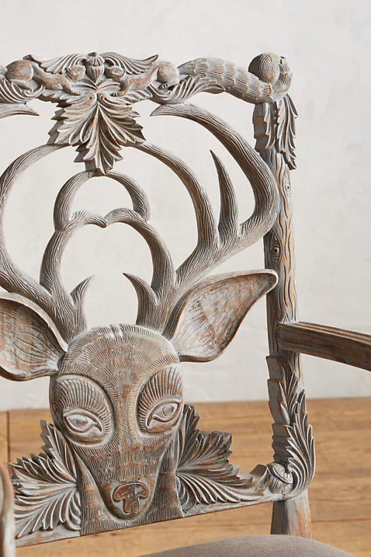 Hand-carved Menagerie Deer Armchair | Handmade Wooden Dining Chair in Whitewash Dining Chair - Bone Inlay Furnitures
