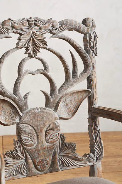 Hand-carved Menagerie Deer Armchair | Handmade Wooden Dining Chair in Whitewash Dining Chair - Bone Inlay Furnitures