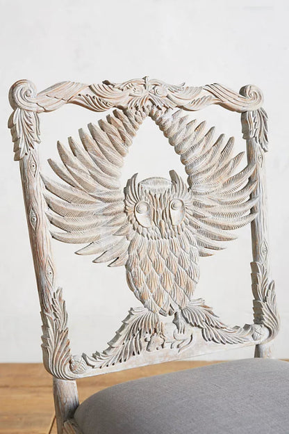 Hand-carved Washed Grey Wooden Owl Chair