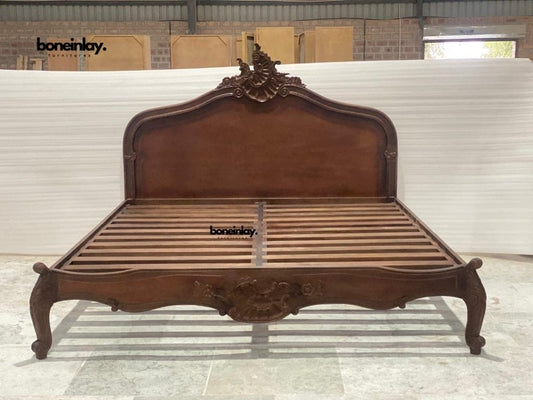 Hand - Carved Menara Bed in Walnut Finish Bed - Bone Inlay Furnitures