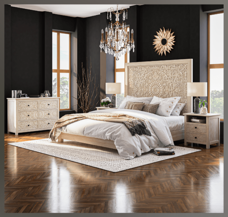 Hand - carved Moroccan Four Piece Bedroom Set Bedroom Set - Bone Inlay Furnitures