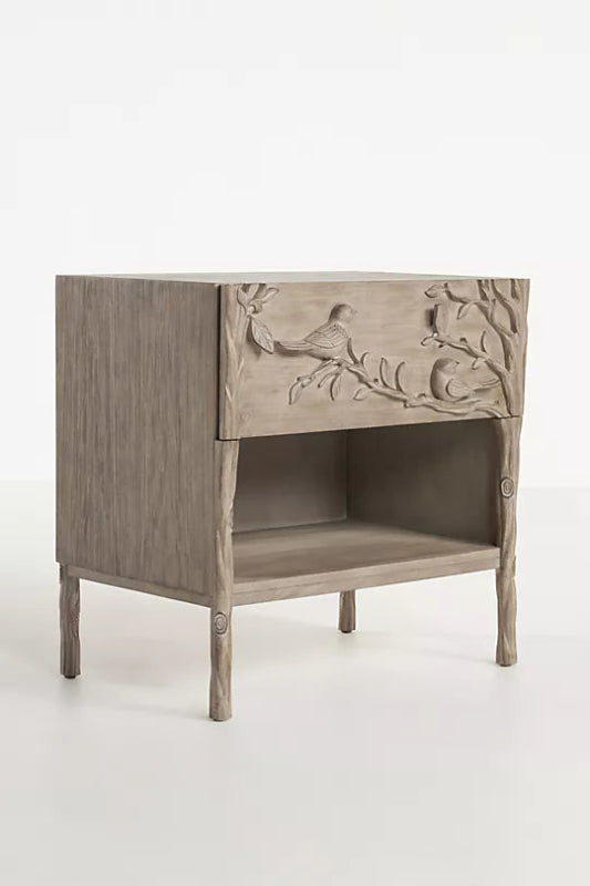 Hand Carved Natural Color Ornithology Bedside Nightstand Nightstand - Bone Inlay Furnitures