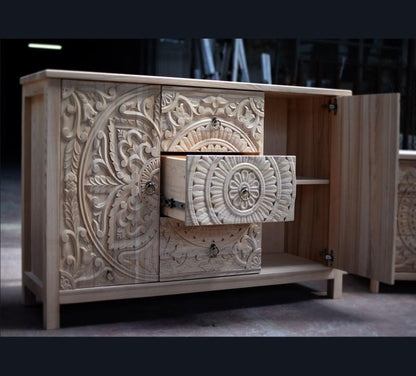 Hand - Carved Natural Wood Two Doors And Three Drawers Buffet Buffet & Sideboard - Bone Inlay Furnitures