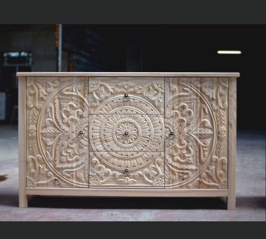 Hand - Carved Natural Wood Two Doors And Three Drawers Buffet Buffet & Sideboard - Bone Inlay Furnitures