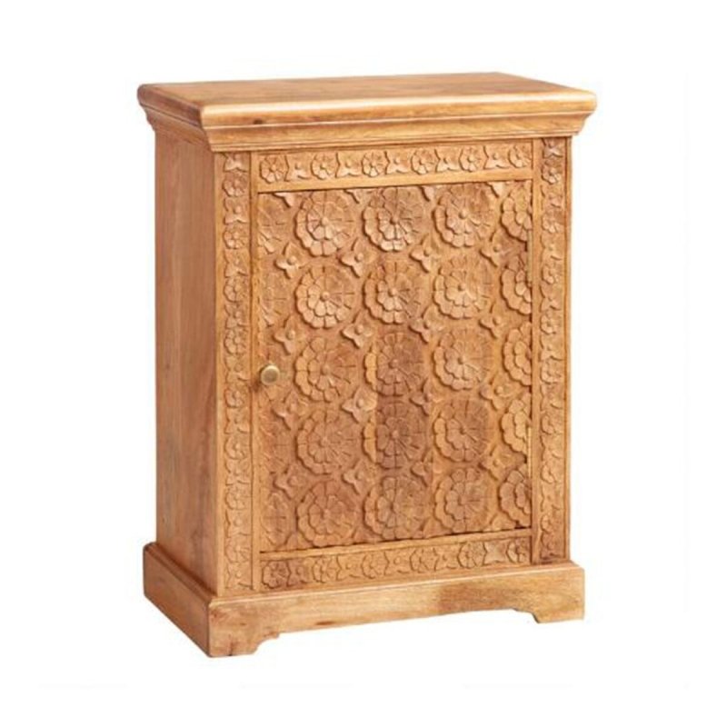 Hand Carved Nightstand | Handmade Natural Color Bedside Table Nightstand - Bone Inlay Furnitures
