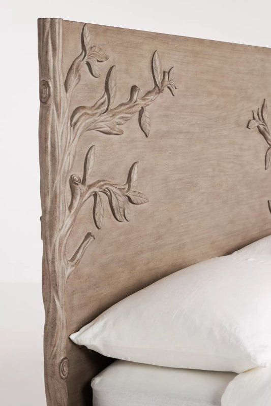 Hand Carved Ornithology Floral Design Natural Color Wooden Bed with Headboard Bed - Bone Inlay Furnitures