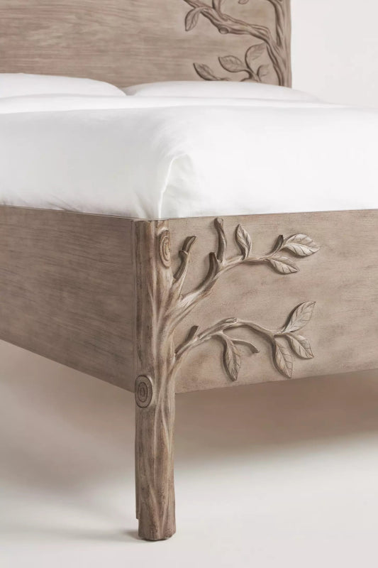 Hand Carved Ornithology Floral Design Natural Color Wooden Bed with Headboard Bed - Bone Inlay Furnitures