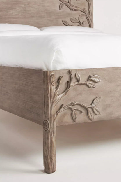Hand Carved Ornithology Floral Design Natural Color Wooden Bed with Headboard Bed - Bone Inlay Furnitures