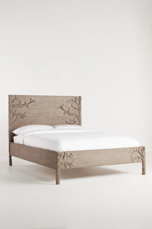 Hand Carved Ornithology Floral Design Natural Color Wooden Bed with Headboard Bed - Bone Inlay Furnitures