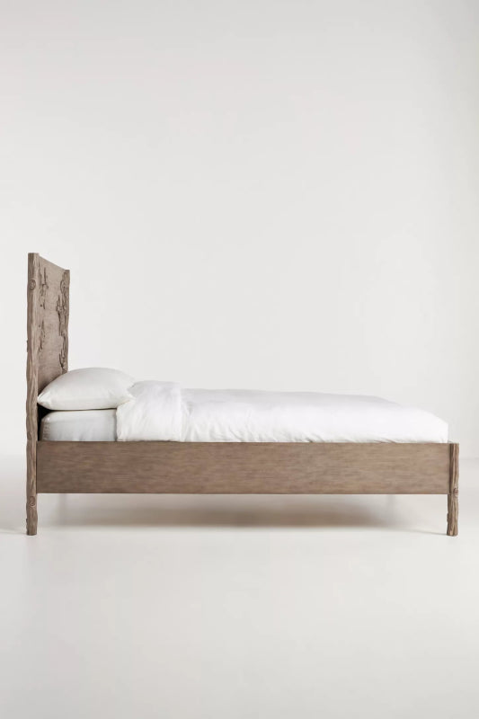 Hand Carved Ornithology Floral Design Natural Color Wooden Bed with Headboard Bed - Bone Inlay Furnitures