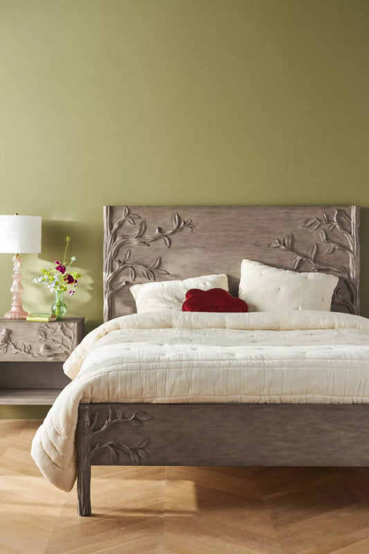 Hand Carved Ornithology Floral Design Natural Color Wooden Bed with Headboard Bed - Bone Inlay Furnitures