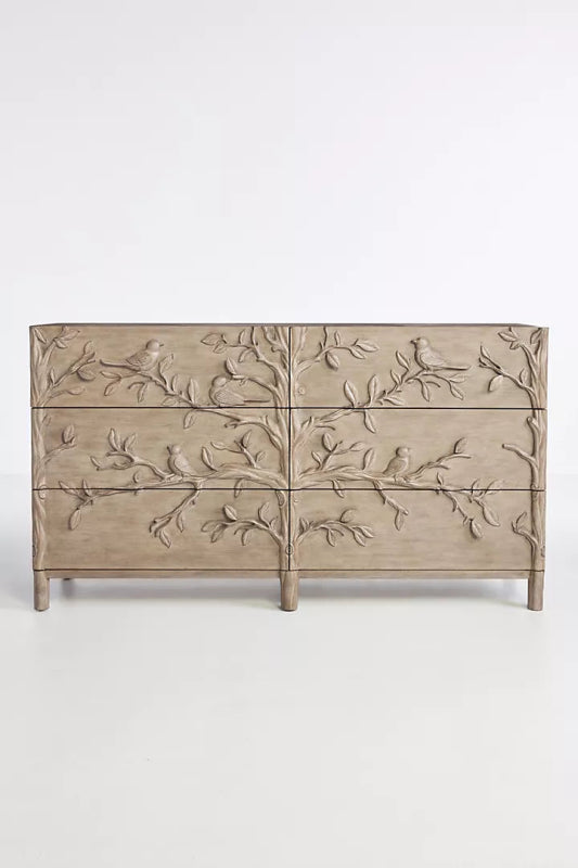Hand Carved Ornithology Wooden Bird Design Six Drawer Dresser Chest of Drawers - Bone Inlay Furnitures