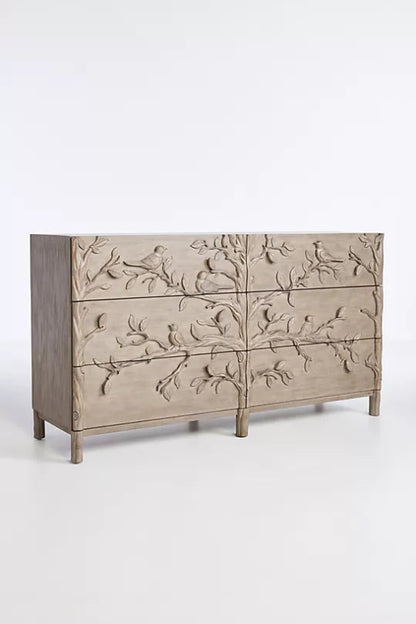 Hand Carved Ornithology Wooden Bird Design Six Drawer Dresser Chest of Drawers - Bone Inlay Furnitures