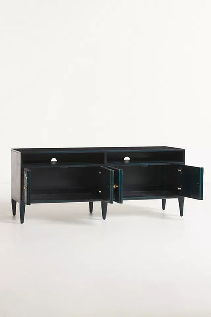 Hand carved Paje Media Console | Handmade Wooden TV Unit In Indigo Color Media Console - Bone Inlay Furnitures