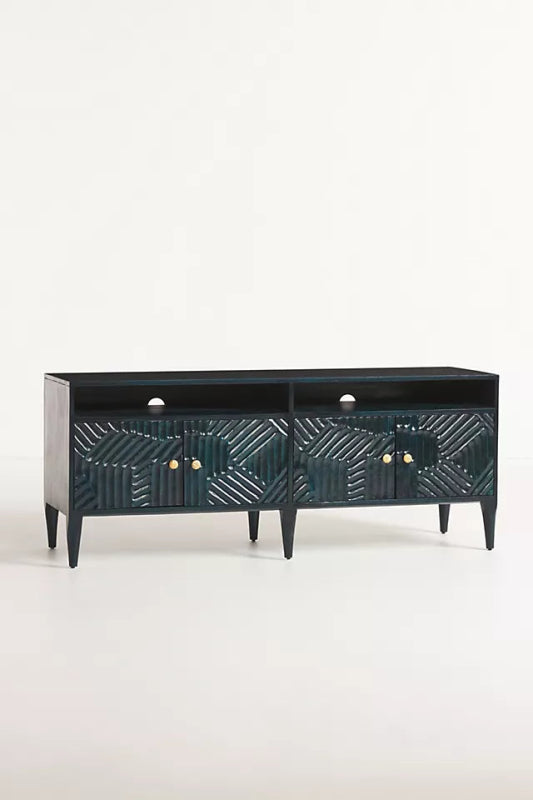 Hand carved Paje Media Console | Handmade Wooden TV Unit In Indigo Color Media Console - Bone Inlay Furnitures
