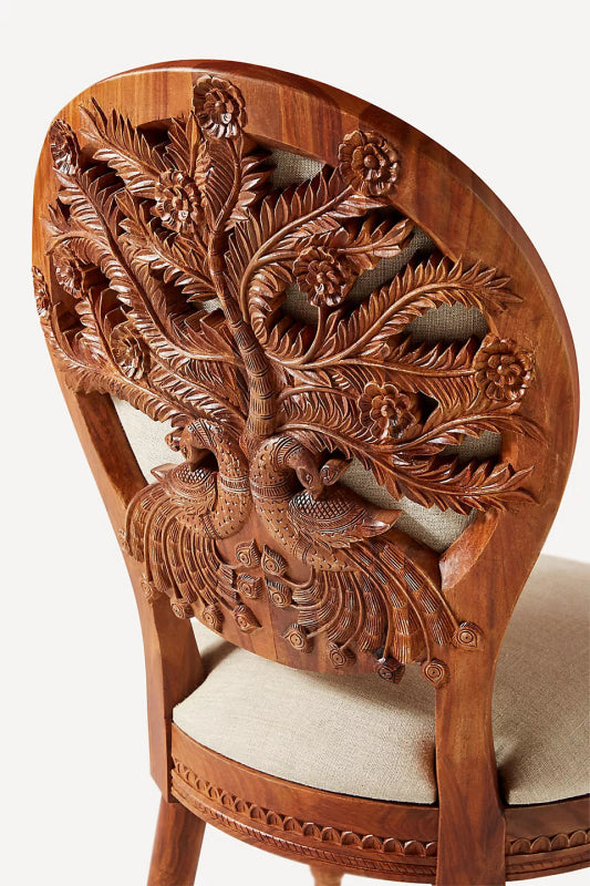 Hand Carved Peacock Design Dining Chair | Indian Wooden Chair Dining Chair - Bone Inlay Furnitures